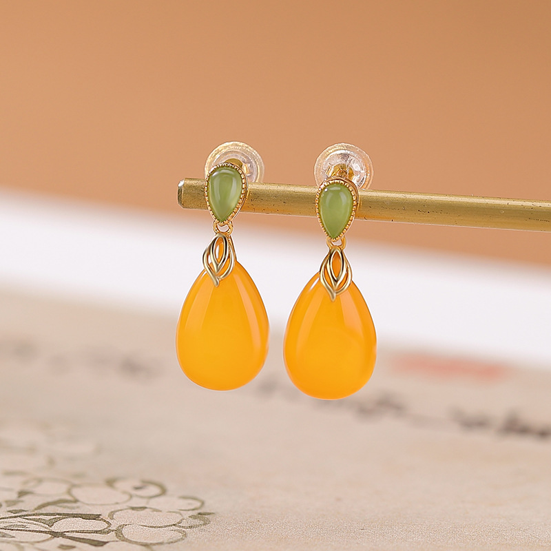 Bông tai bạc S925 đính ngọc bích trắng và hổ phách hình giọt nước phong cách Trung Hoa — Mô hình sáp ong