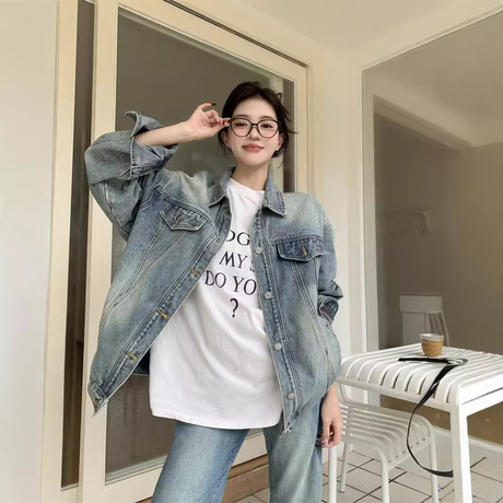 超好看美式复古牛仔外套女春秋季2024新款高级感别致宽松夹克上衣