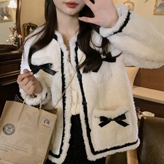 2025年冬季新款法式复古蝴蝶结毛绒外套女减龄保暖加厚外套百搭潮