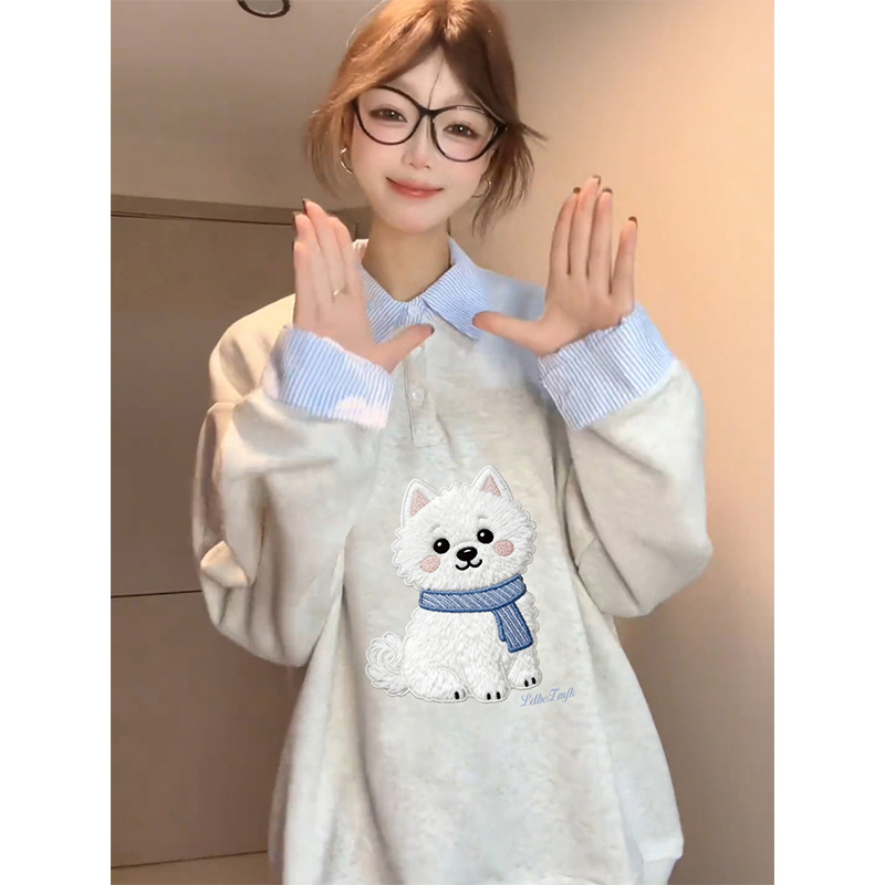 Embroidered Puppy Patchwork Shirt Fake Two-Piece Sweatshirt for Women Autumn and Winter Thin Loose Hooded Top with Niche Trendy Design