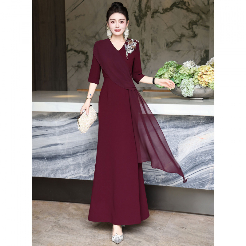 Spring and Autumn Women's French Design Slim Fit Patchwork Evening Dress High-End Wedding Banquet Dress Elegant Long Dress for Women