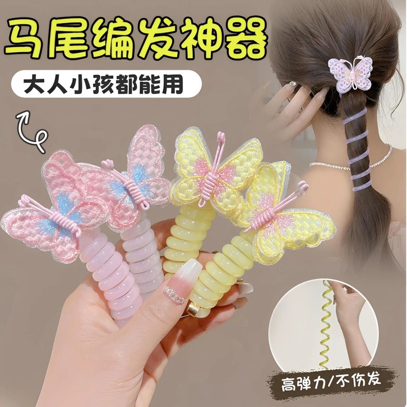 小女孩发绳刺绣蝴蝶电话线发圈儿童编发束发头绳扎双马头花发饰|undefined