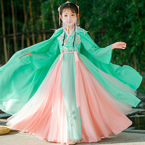 Girls Green hanfu antique dress children fairy princess cosplay skirts fairy Ru skirt costume Chinese wind princess performacne cosplay dress hanfu