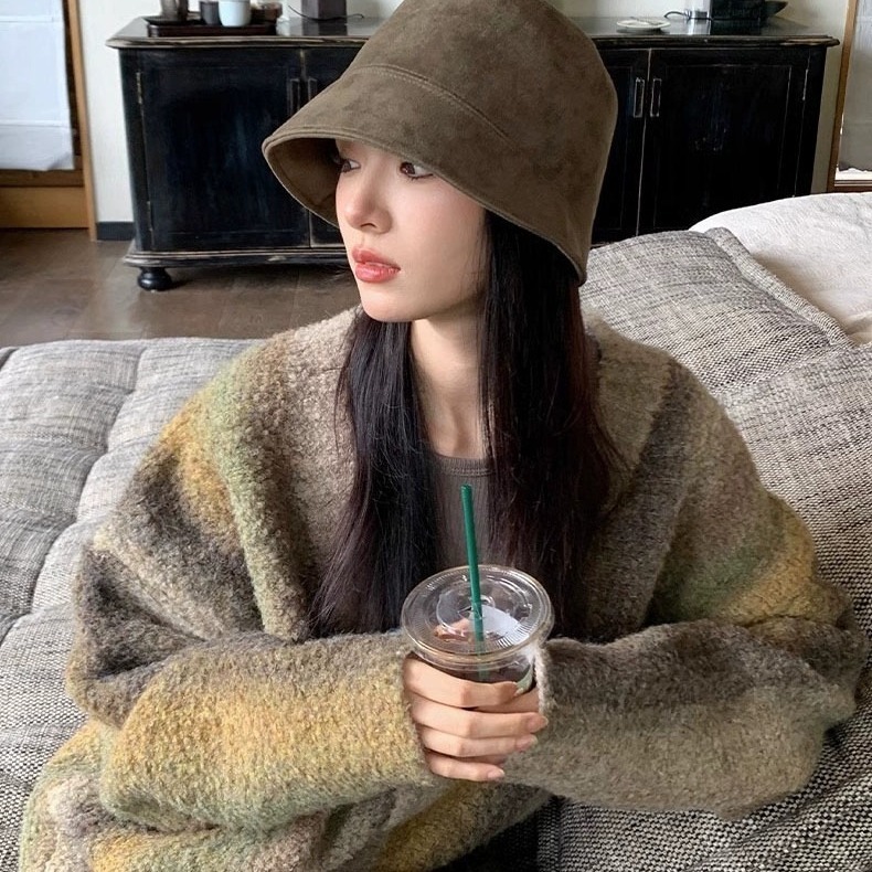 麂皮绒渔夫帽2025新款女秋冬季百搭大头围素颜气质遮脸水桶盆帽子|undefined