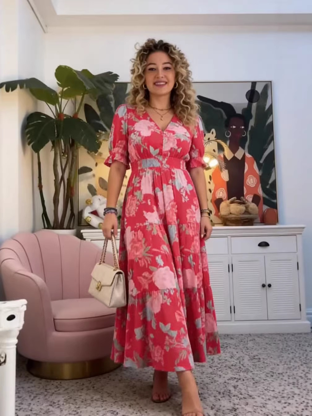 2026 New Large Size Super Fairy High Elastic V-Neck Floral Dress Seaside Vacation Beach Dress Loose Long Skirt