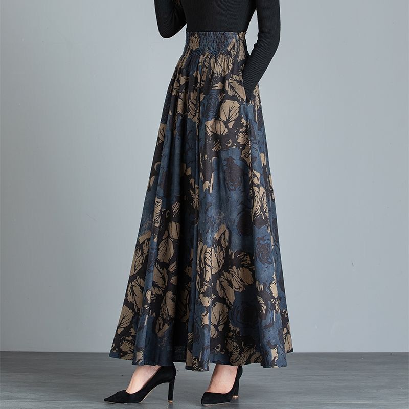 Special Offer with Pockets, New Autumn and Winter High-End Woolen Retro Floral Skirt, High-Waisted Flesh-Covering Long Skirt
