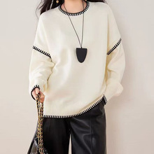 跨境慵懒风松弛感套头毛衣女2025秋冬设计感拼接缝线圆领针织衫潮|undefined