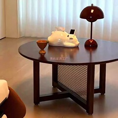 法式复古黑胡桃色实木圆形小户型黑色茶几中古风客厅家用桌子边几