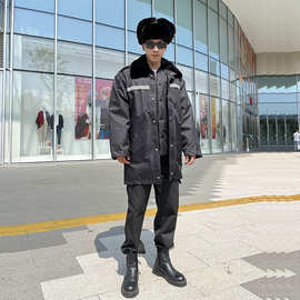 男反光黑色冬季保安大衣防寒棉梭织上装上班劳保服棉衣加厚宽松