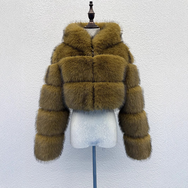 S-6XL autumn and winter new cross-border European and American short hooded fur coat imitation fox fur stitching women's coat