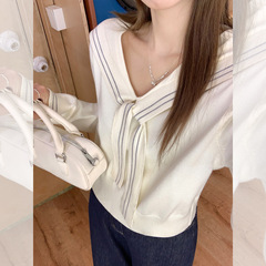 实拍 海军领长袖毛衣女秋冬新款韩系修身短款收腰百搭时尚针织衫