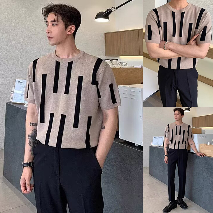 camiseta de punto de manga corta hombre rayas de contraste de color delgado antiguo estilo de negocios camiseta superior hielo seda fábrica de verano transfronteriza al por mayor