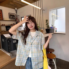 日系复古翻领短袖蓝色格子衬衫女夏季宽松休闲男女五分袖格纹上衣