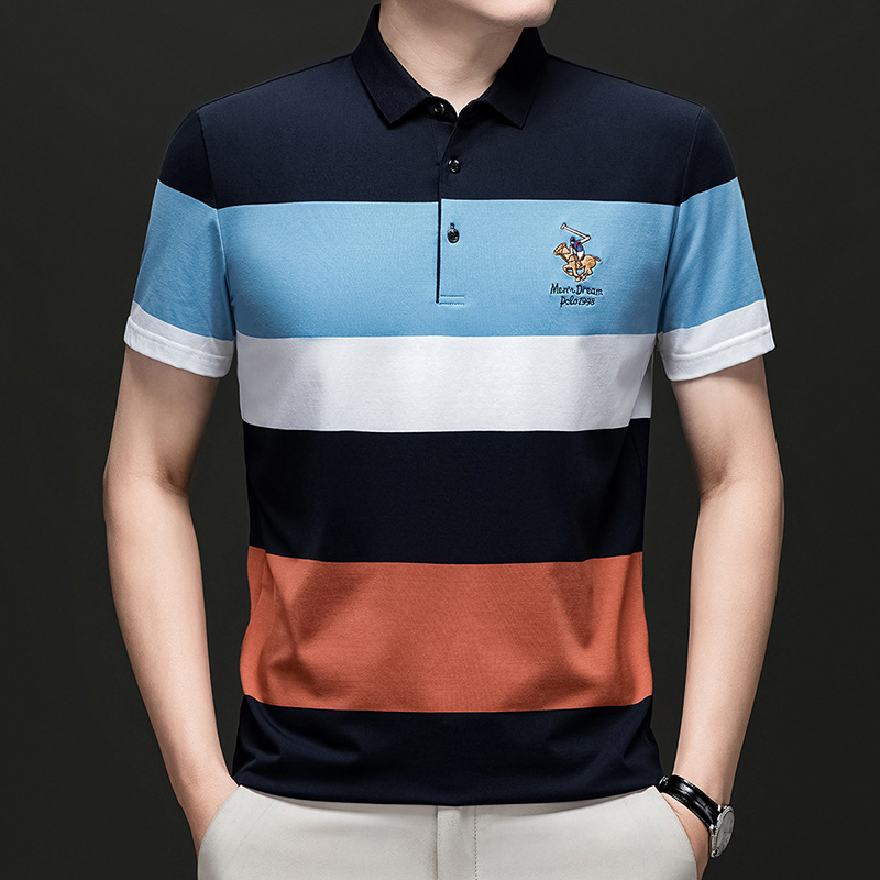 Kainoma Summer New Exquisite Embroidered Striped Moisture-absorbing Breathable Lapel All-match Casual Short-sleeved POLO Shirt Men's Wear