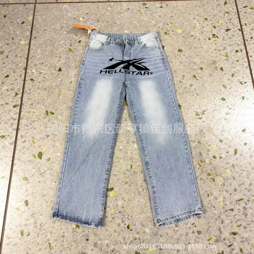 Мужские джинсы 2025 года, новые американские ретро-стиль, с выстиранным эффектом, персонализированным принтом, японский свободный крой, широкие штаны