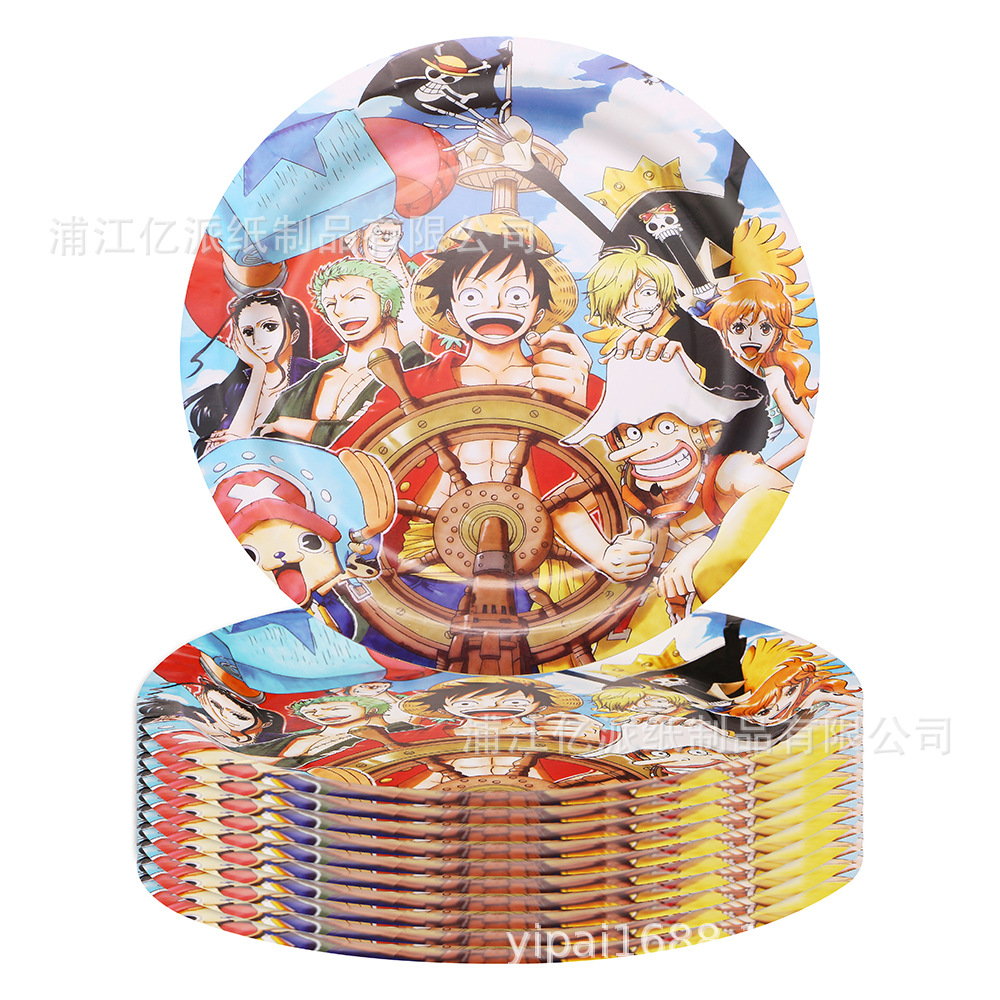 One Piece cubiertos de fiesta de cumpleaños bandeja de papel tazas toallas de papel globos pastel tapa cubiertos de fiesta de cumpleaños
