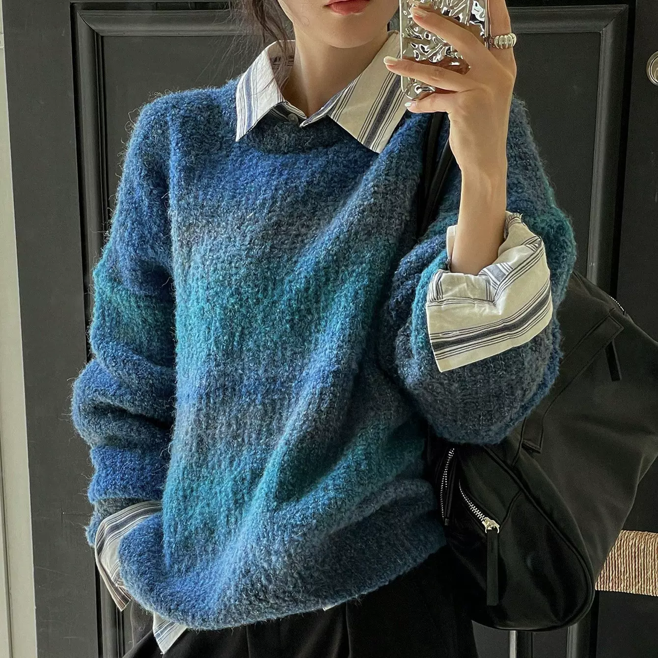 慵懒风毛衣女渐变色圆领宽松外穿软糯复古港味针织衫2025秋冬新款