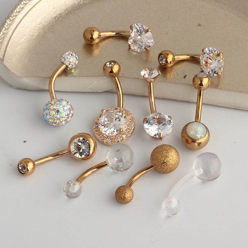 10-Piece Short CZ Navel Ring Set - Belly Button Rings Rose Gold with Zircon, Stainless Steel Body Piercing Jewelry for Women detail image 8