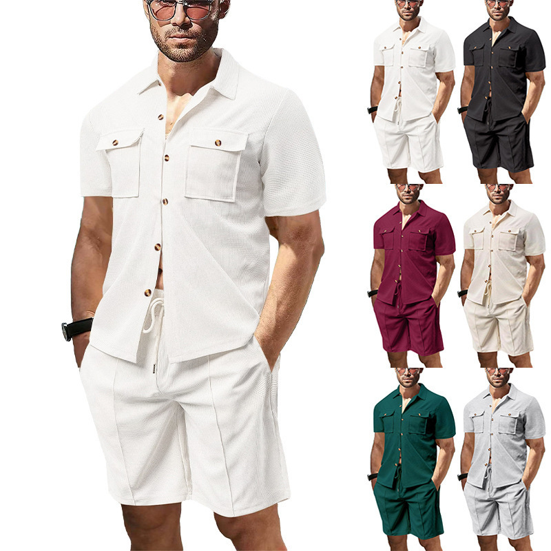 Monochrome Man- New Summer Cross-Border European And American Men's Waffle Solid Color Pocket Shirt Short Sleeve Shorts Two-Piece_voghion.com