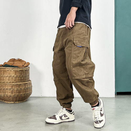 American work pants for men, suitable for spring and autumn, with a loose and spacious design, featuring a high-waisted and ankle-length cut, washed harem pants, trendy and casual pants.