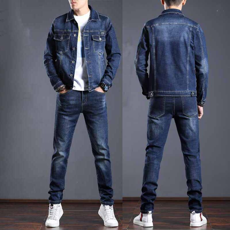 Men's Denim Suit Two-Piece Set Spring and Autumn 2023 New Style Jacket Top and Pants Trendy Elastic Men's Clothing