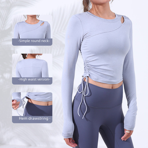 Women's Loose-fitting and Slimming Long-sleeved Yoga Top with Drawstring, Side Pleats, Autumn/Winter New Design, Suitable for Running and Casual Wear