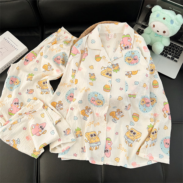 Al por mayor transfronterizo 2026 nuevo pijama de mujer nubes de algodón pantalones de manga larga cardigan con solapa de dibujos animados ropa para el hogar se puede usar fuera