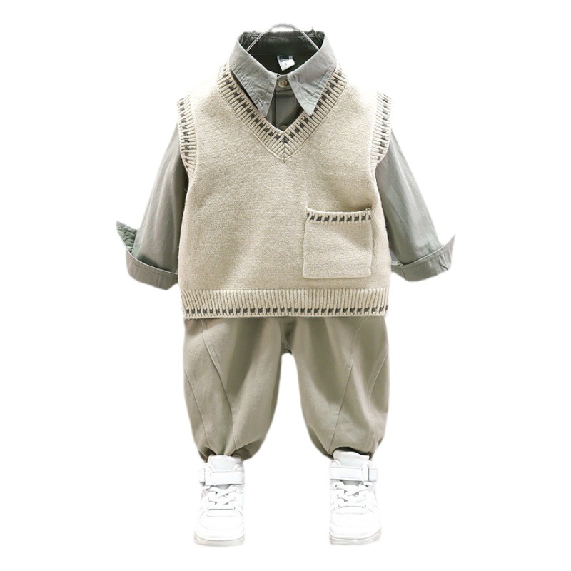 4283 traje de ropa de otoño para niños 2023 nuevo estilo occidental Bebé Suéter para niños chaleco camisa conjunto de tres piezas bebé primavera y otoño