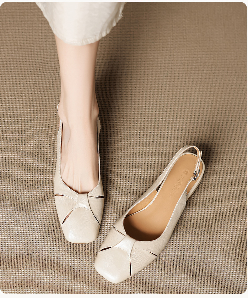 Sandal nữ mũi vuông da cừu hở mũi gót vừa dày — đen chi tiết 7
