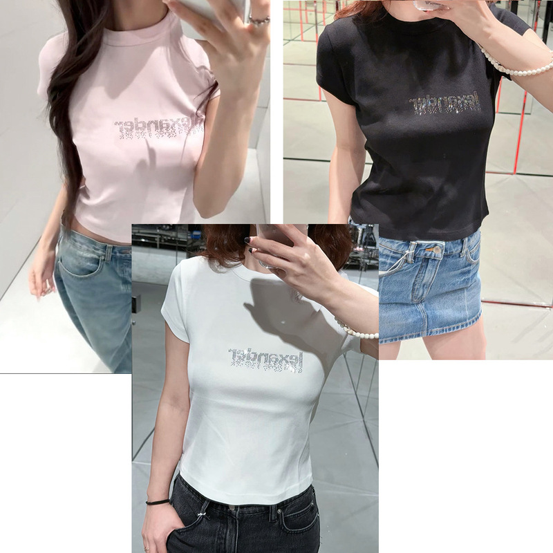 Correct Version 2026 Early Spring New Style Lettered Rhinestone High-Weight Ribbed Fabric Regular Shoulder Slim-Fit Short-Sleeve T-Shirt for Women