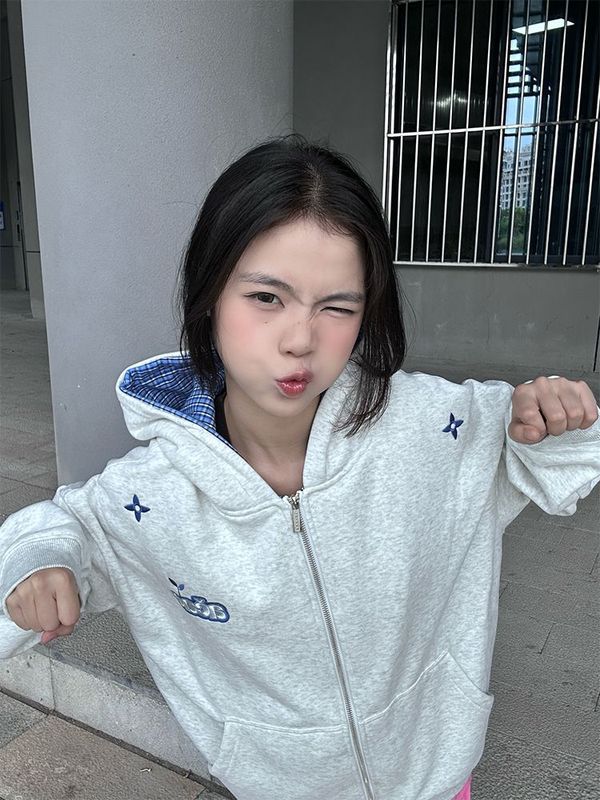 美式街头字母刺绣拼接连帽卫衣女2025秋季新款宽松学院风慵懒上衣|undefined