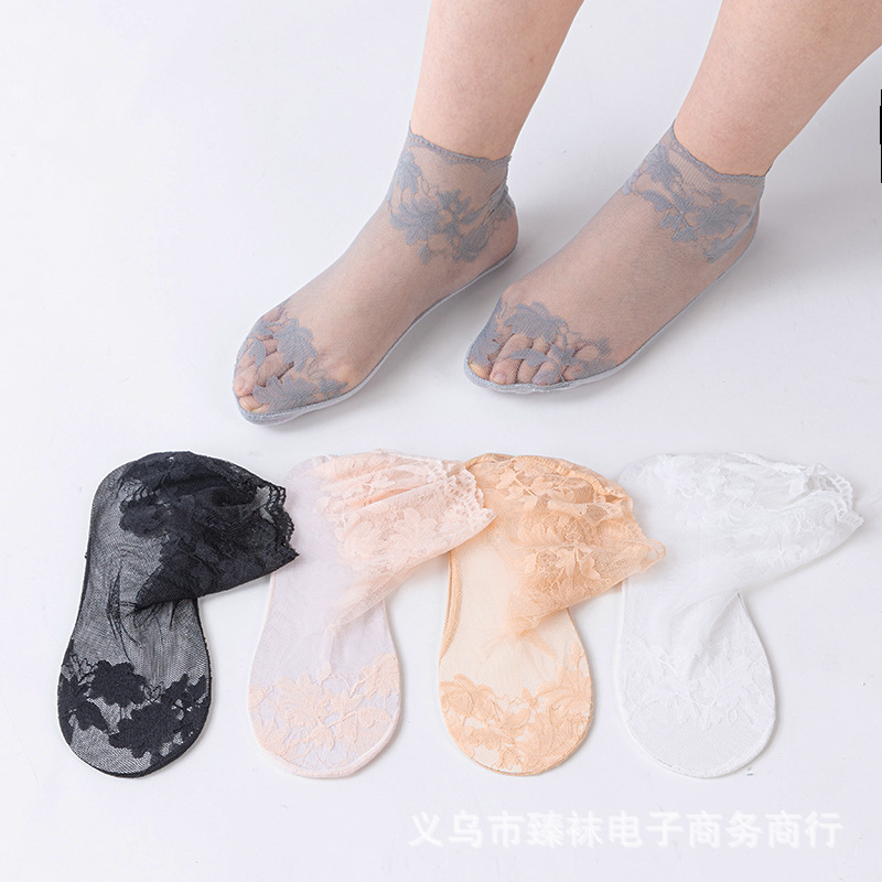 Plum Blossom Lace Mesh Socks for Women, Summer Thin Mid-Calf Solid Color Cotton Bottom Breathable High-Calf Hollow Lace Short Stockings