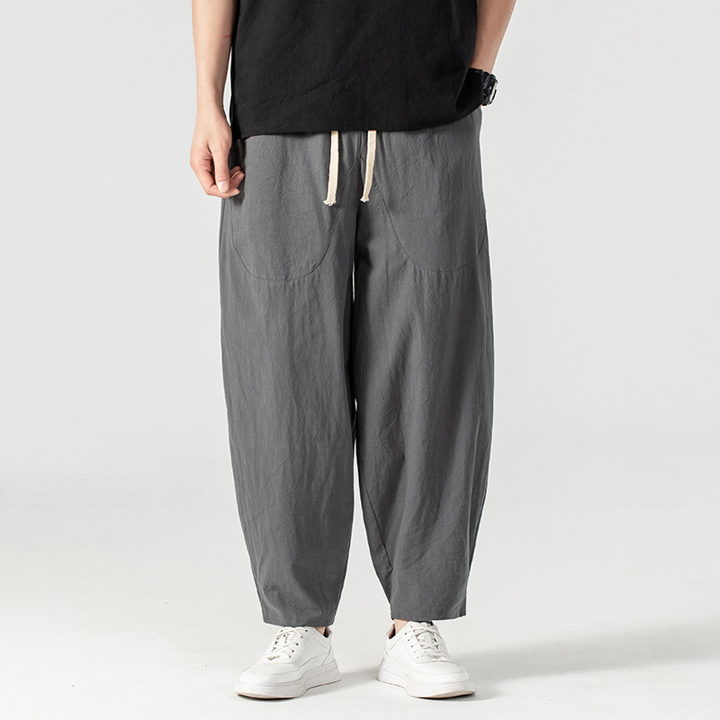 Plus-Size Loose Retro Lantern Pants for Men, Spring and Autumn Cotton-Linen Carrot Pants, Cropped Wide-Leg Pants, Linen Harem Pants for Men