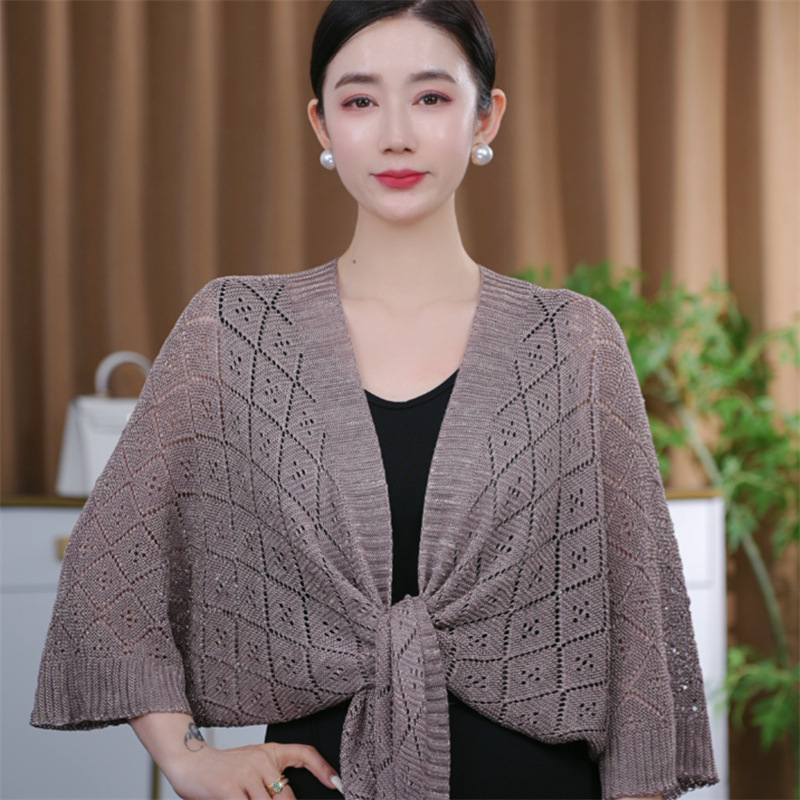 韓国版の新しい夏用エアコンキルトショール、ファッショナブルで多用途、明るい色のニットアウター、光沢のある中空、黄色と白、同じスタイル|undefined
