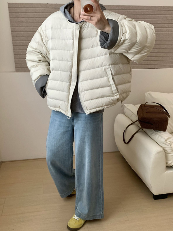 撞色圆领羽绒服女短款2025冬季甜美韩系小个子白鸭绒保暖排骨外套|undefined