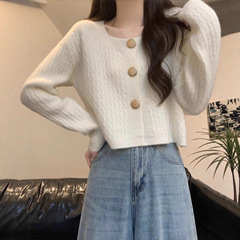毛衣开衫外套女别致方领宽松短款春秋2025新款百搭小个子针织上衣