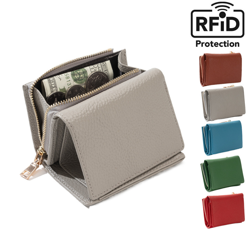 RFID Anti-theft Card Bag Women's Short Wallet Zipper Multi-layer Tri-fold Coin Purse Top-layer Cowhide Leather Wallet