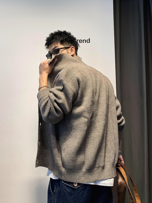 美式复古休闲开衫毛衣男2025秋冬季新款慵懒风男士纯色针织衫外套|undefined