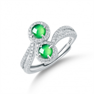 Natural A goods jade yang green double egg jade ring S925 silver inlaid fashion high-end women's jewelry adjustable