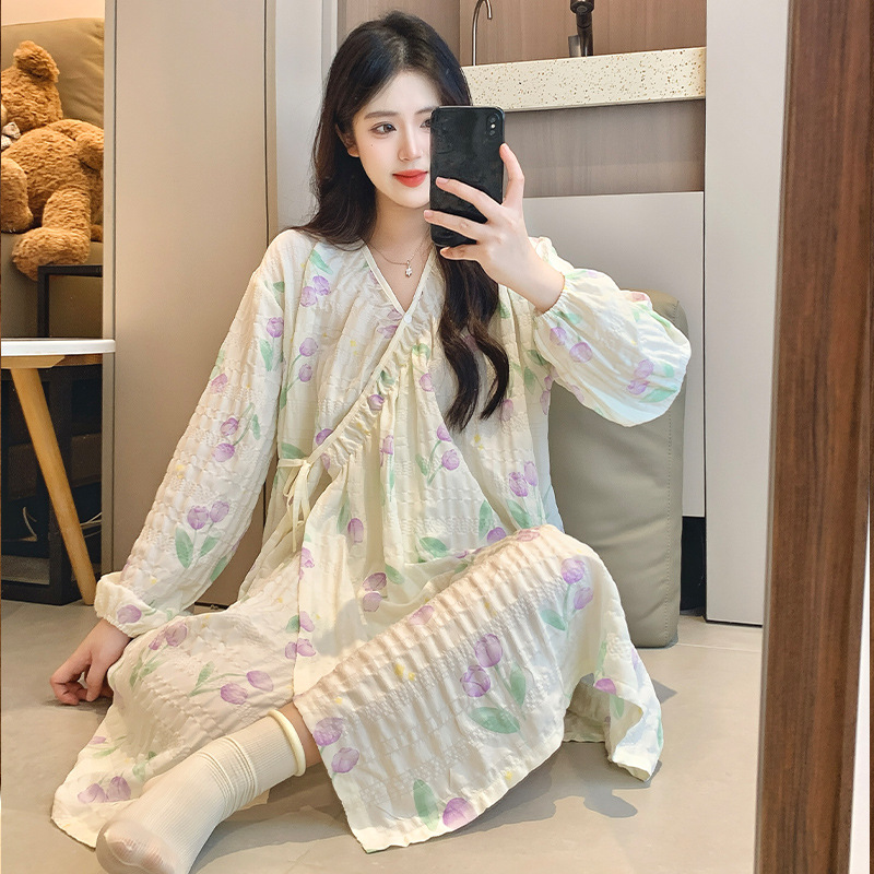 高級感雲綿月子服パジャマ女性春夏長袖産婦産後授乳家庭服セット