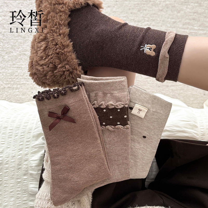 Autumn and winter socks for women in the Maillard color series, Korean-style casual cotton socks, trendy ins-style bowknot mid-calf socks