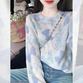 蓝色扎染慵懒风套头毛衣女春秋穿搭韩系小个子宽松短款针织衫上