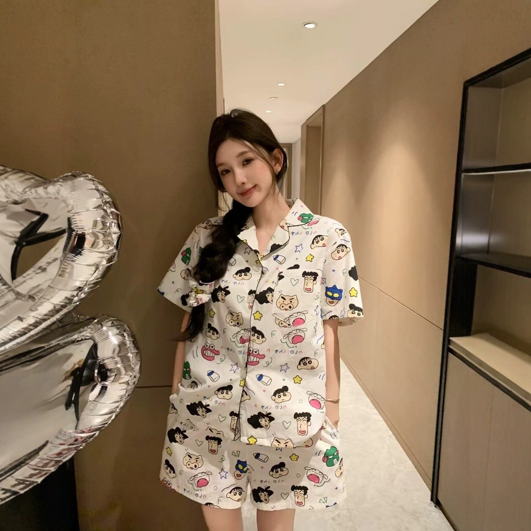 【蜡笔小新】爆款夏季100纯棉加发圈超柔软卡通睡衣女家居服套装