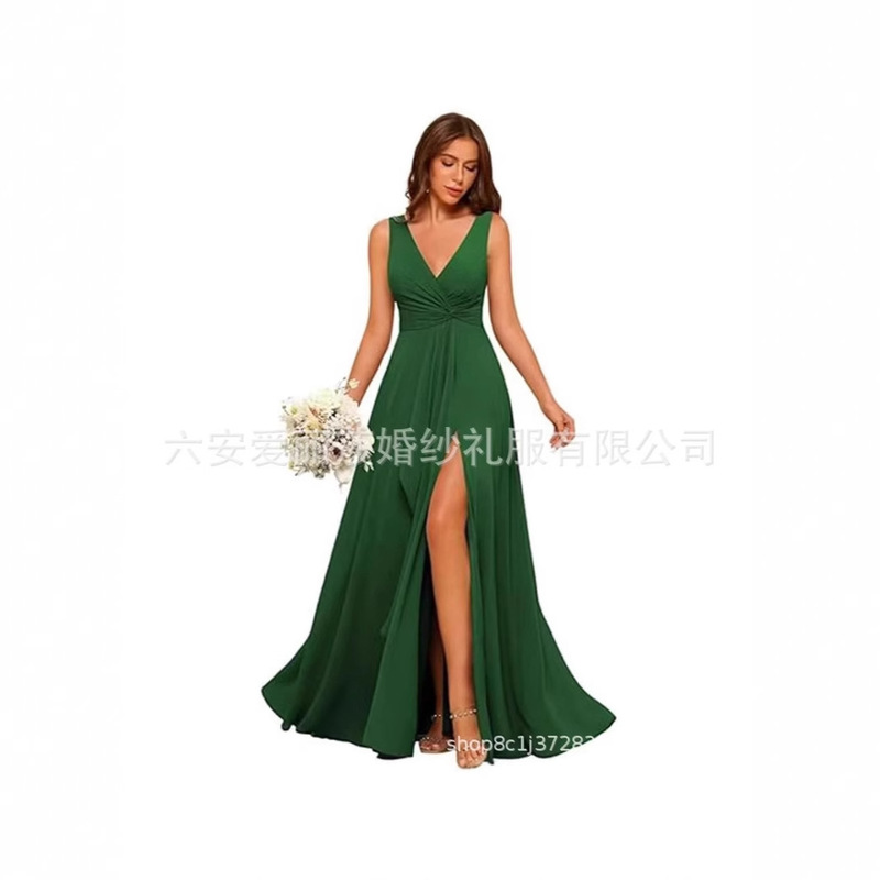 Women Bridesmaid Dresses Long Dress Amazon Wedding Chiffon Solid Color Slit V Neck Evening Dresses Formal Prom Gowns