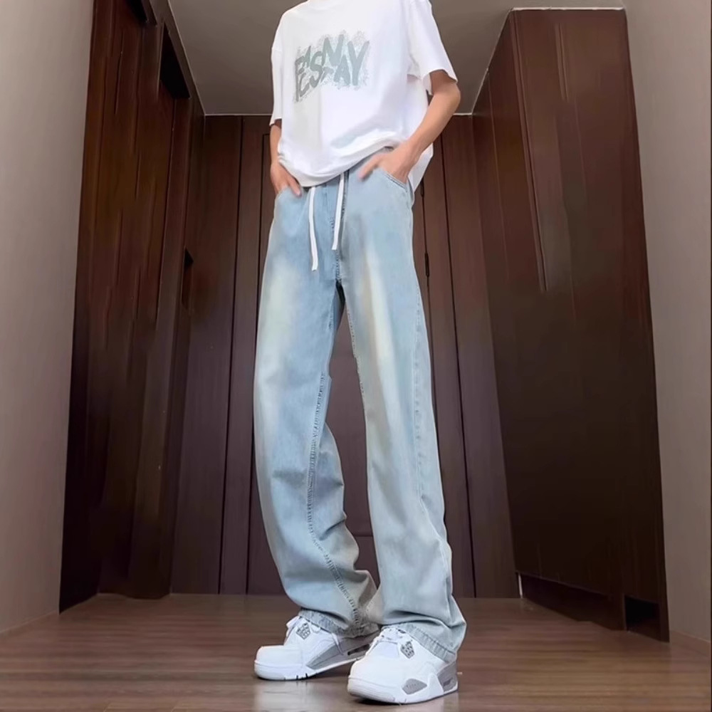 Light Blue Ice Silk Jeans Men's Thin Summer Straight Youth Pants Extra Long Tall Drawstring Wide Leg Pants