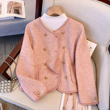 粉色小香风双排扣宽松外套女2023年秋冬季新款小个子洋气时髦上衣