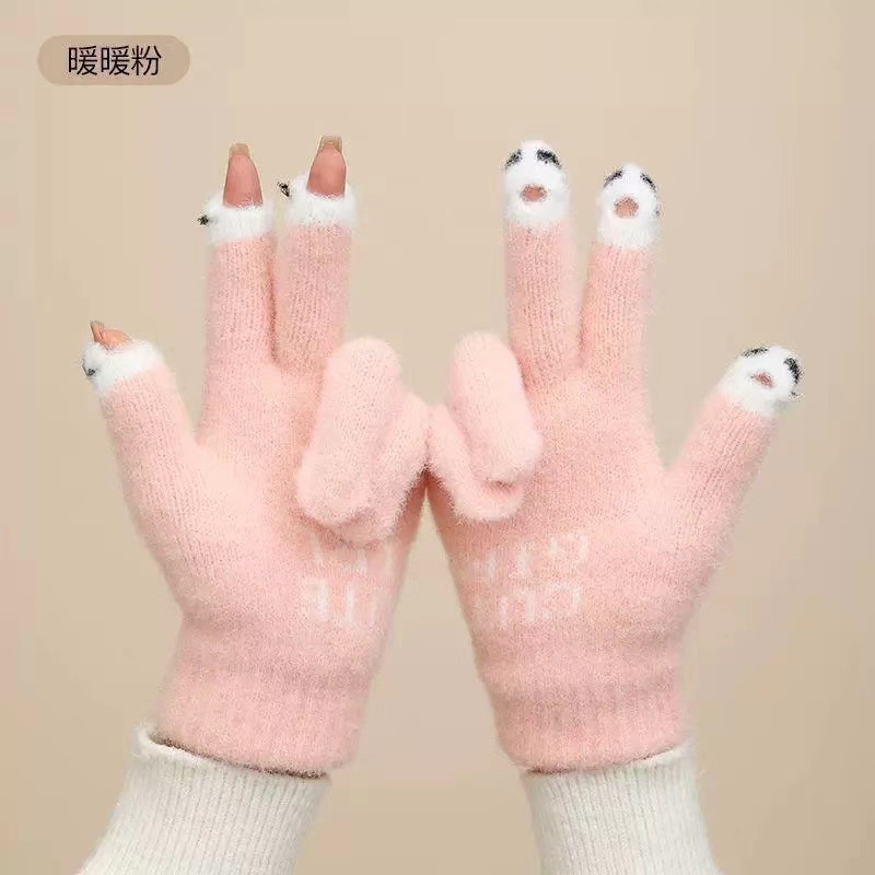 Guantes de peluche de otoño y invierno damas guantes de punto de peluche caliente antifría engrosado guantes lindos de dibujos animados al por mayor