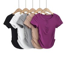 A679-23春季新款  欧美风圆领前排扣侧边褶皱松紧弧形下摆短袖T恤