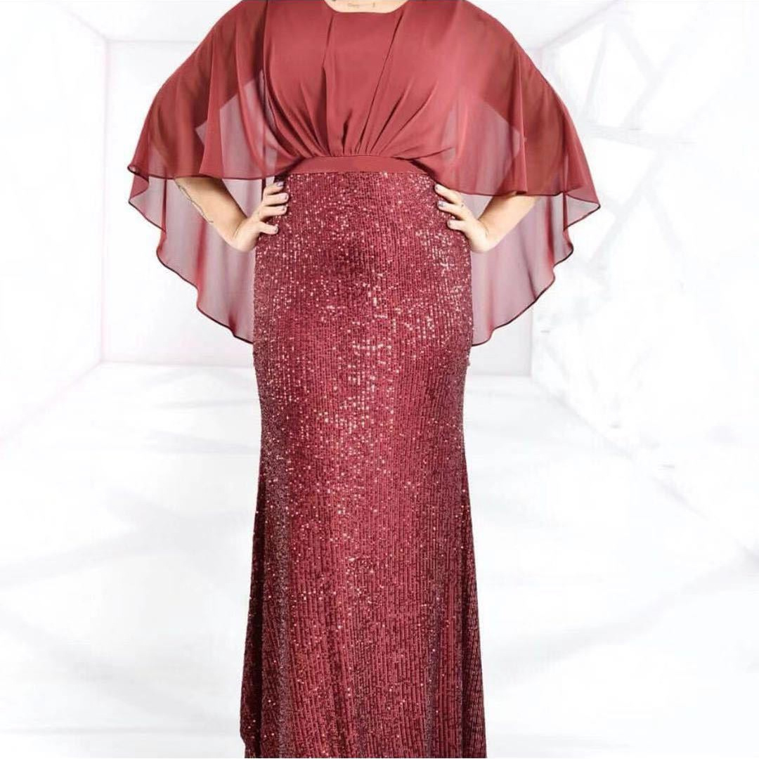 Dammekleeder Pailletten-Splicing Chiffon Fliedermaus-Ärmel Oweskleed_voghion.com