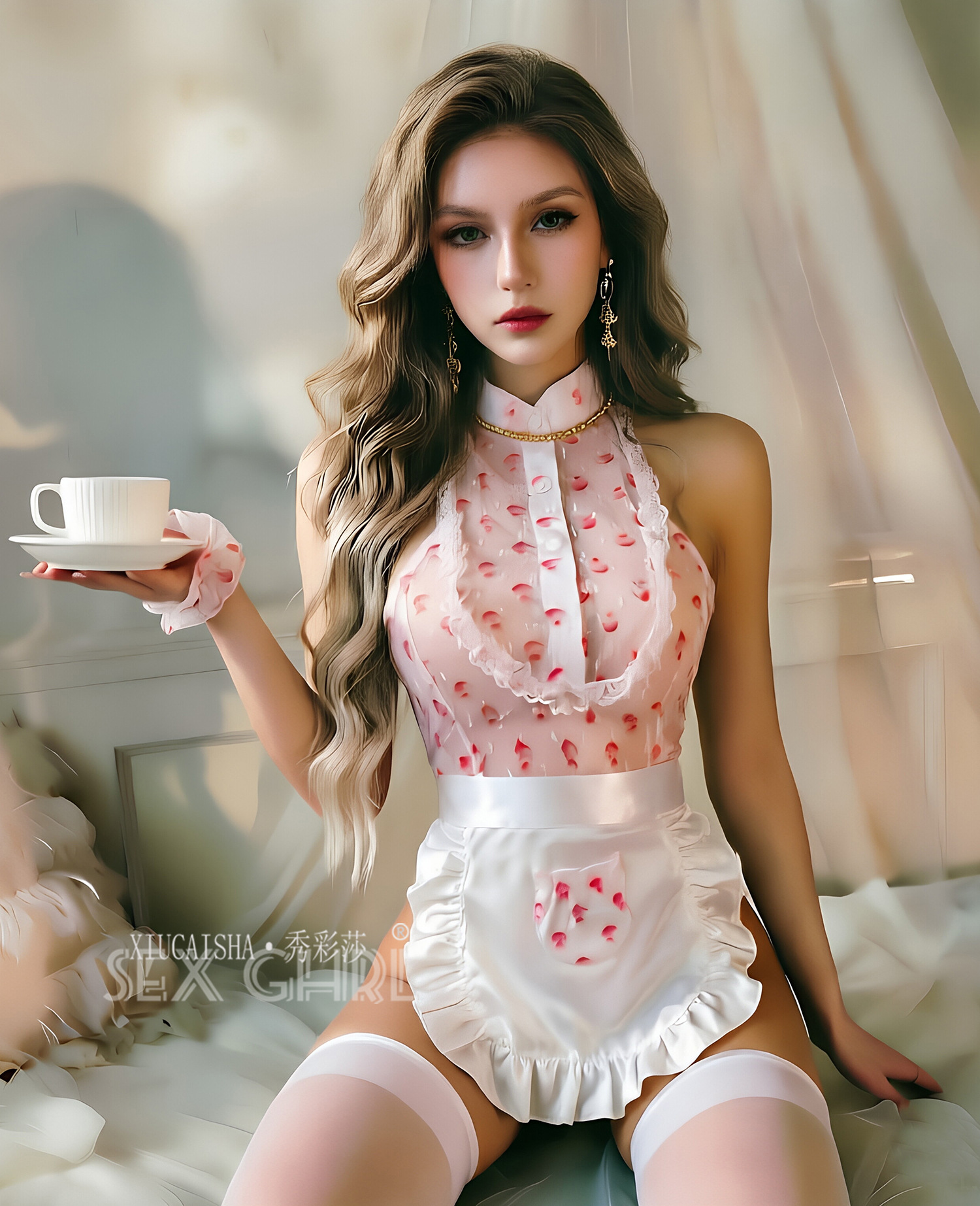 Maid Roleplay Lingerie Set with Apron, Thong, Wristbands and Open-Crotch Stockings — detail image 8